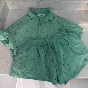 Chic Green Eyelet Shirt and Shorts Set